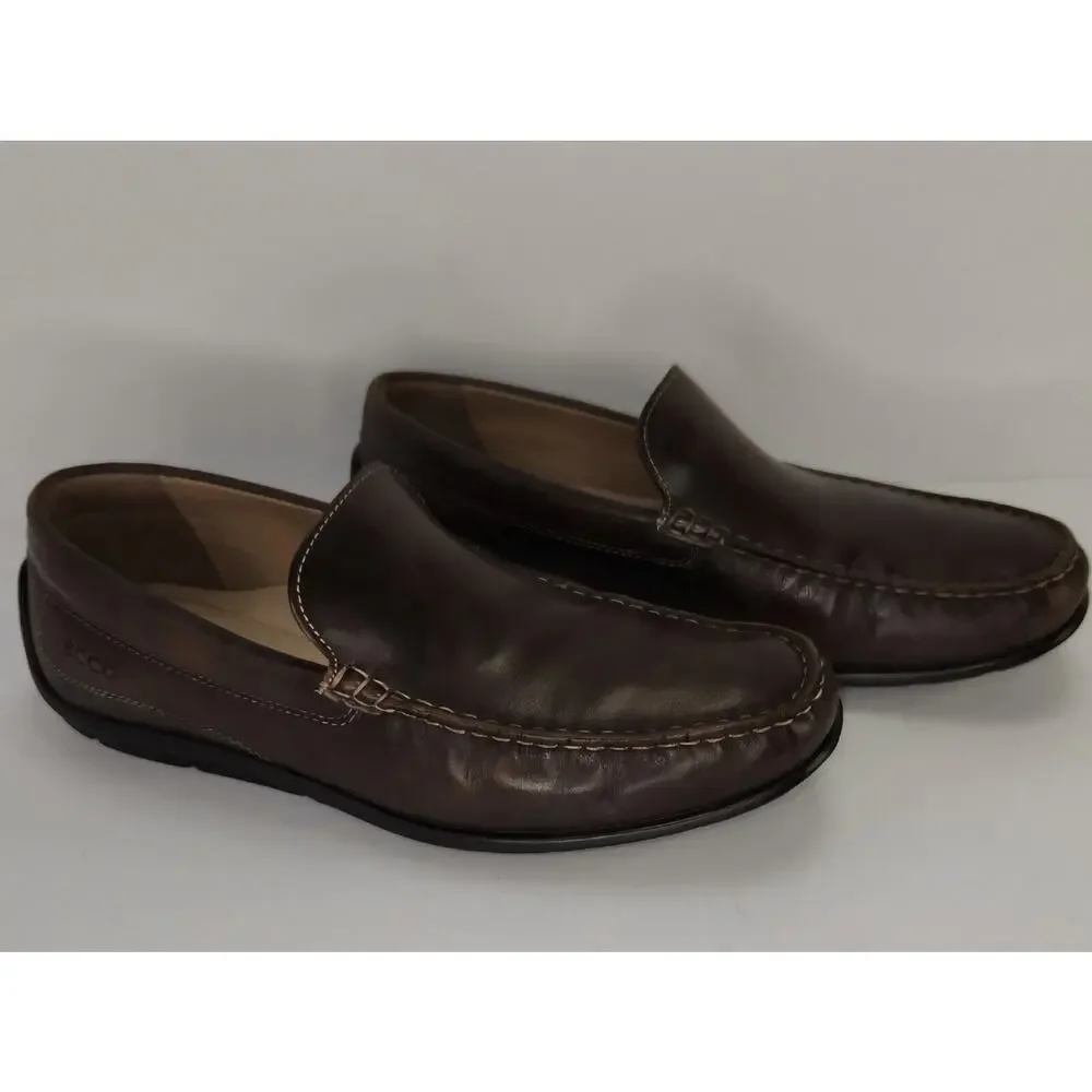 Ecco Leather Driving Slip On Classic Moc Loafer Mens 9 Brown Dress Shoe